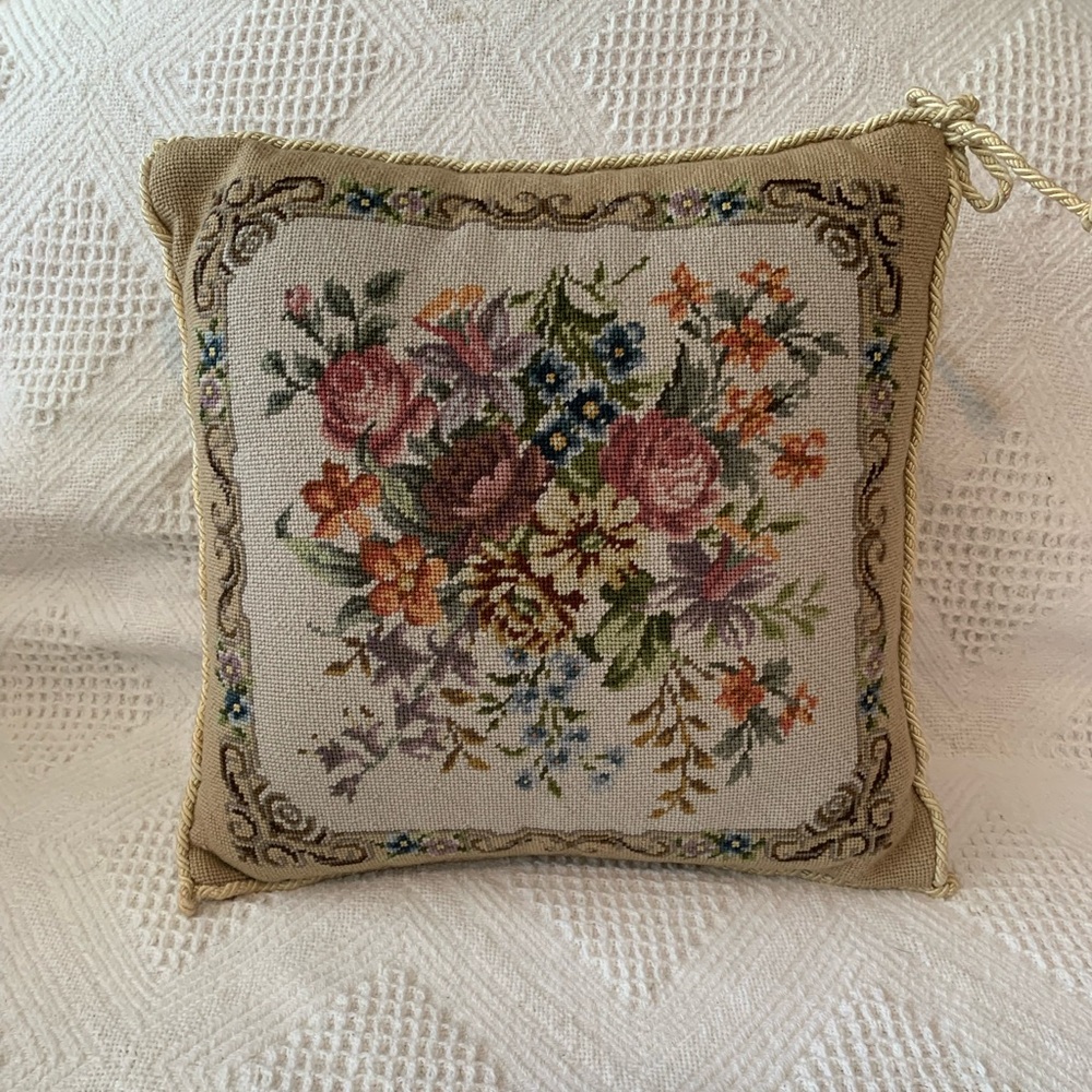 Vintage Floral Needlepoint Throw Pillow